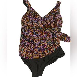 Longitude Women’s One Piece Faux Wrap Colorful Patterned Swimsuit Size 24